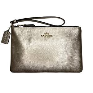 Coach Metallic Leather Large Corner Zip Wristlet Gold Pebbled Leather